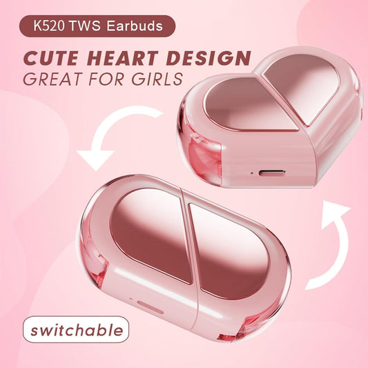 Pink Heart Design Wireless Earphones for Girls – Convertible Heart Shape Case with Bluetooth 5.3