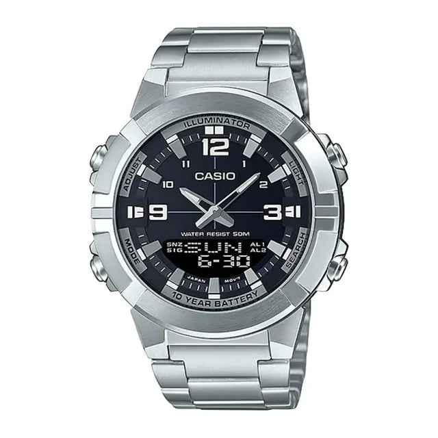 Casio Analogue Digital Mens Watch – Stainless Steel Black Dial 50M Water Resistant