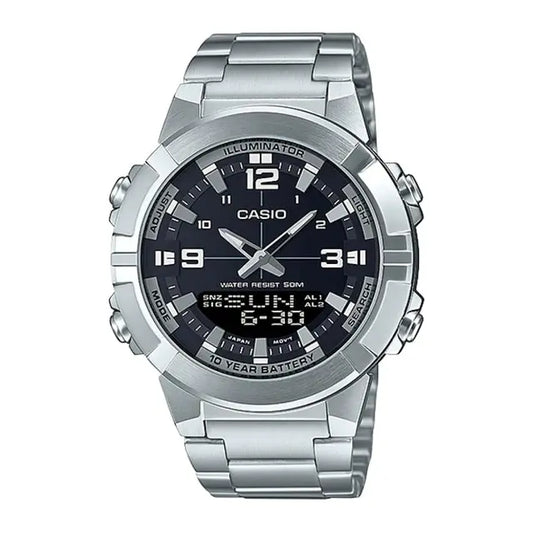 Casio Analogue Digital Mens Watch – Stainless Steel Black Dial 50M Water Resistant