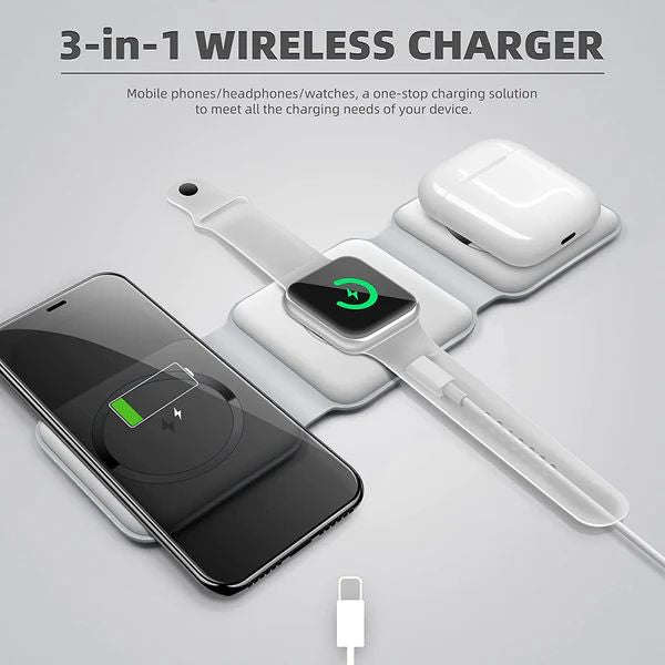 3-in-1 Wireless Charging Pad – Fast Charge iPhone, Apple Watch & AirPods with 15W Qi-Certified Stand