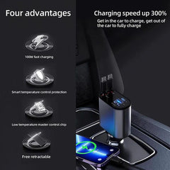 4-in-1 Retractable Car Charger – USB A, PD Port & 2 Retractable USB C Cables