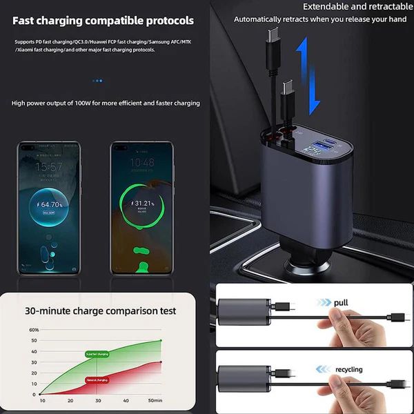 4-in-1 Retractable Car Charger – USB A, PD Port & 2 Retractable USB C Cables