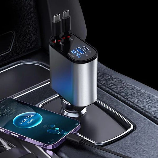 4-in-1 Retractable Car Charger – USB A, PD Port & 2 Retractable USB C Cables