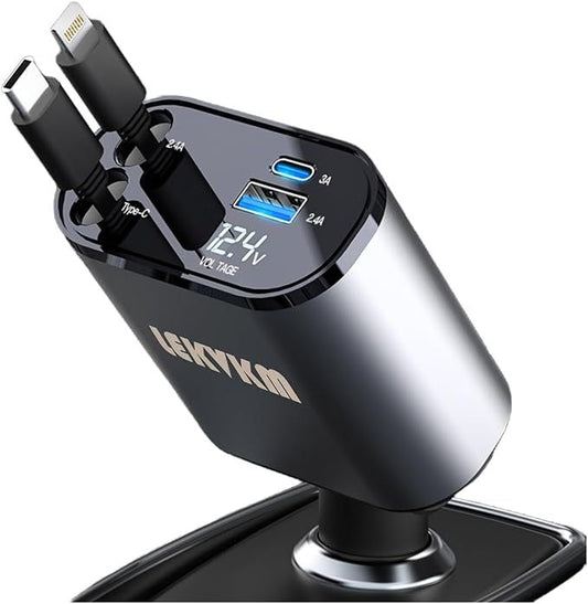 4-in-1 Retractable Car Charger – USB A, PD Port & 2 Retractable USB C Cables
