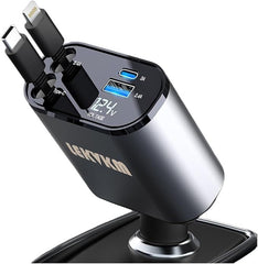 4-in-1 Retractable Car Charger – USB A, PD Port & 2 Retractable USB C Cables