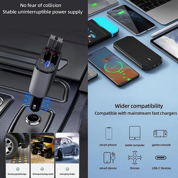 4-in-1 Retractable Car Charger – USB A, PD Port & 2 Retractable USB C Cables
