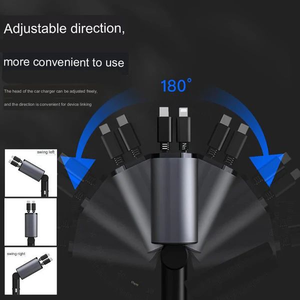 4-in-1 Retractable Car Charger – USB A, PD Port & 2 Retractable USB C Cables