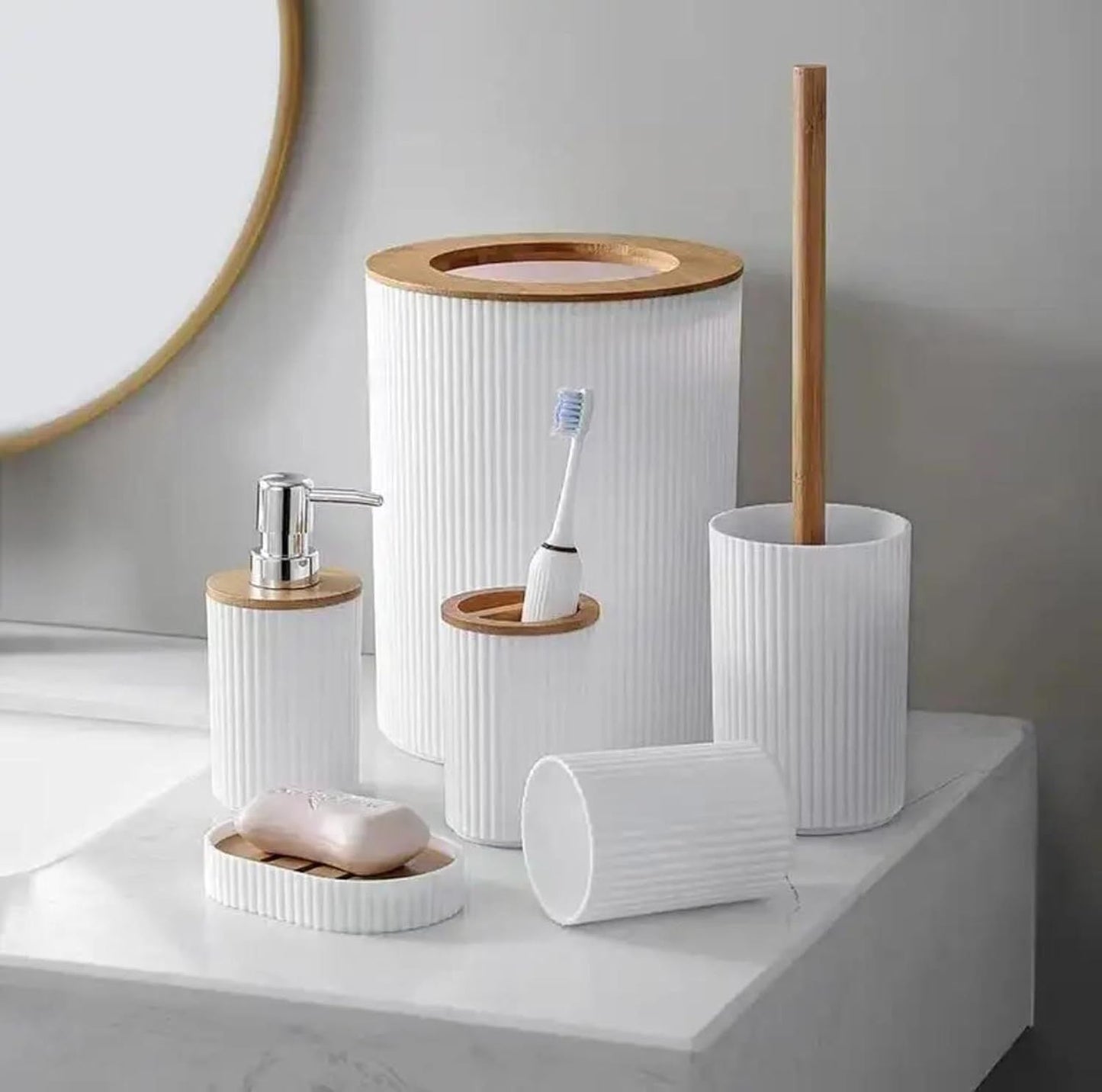 Bathroom Accessories Set 6 Pieces – Modern Toilet Brush, Soap Dispenser & Holder