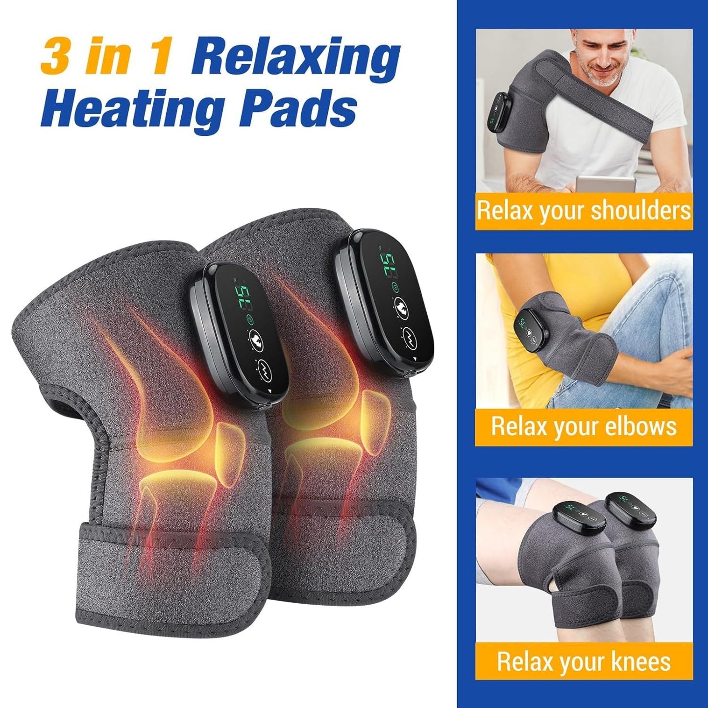 Electric Knee Massager – Heated Vibrating Knee Brace | 3-in-1 Cordless Pain Relief Wrap