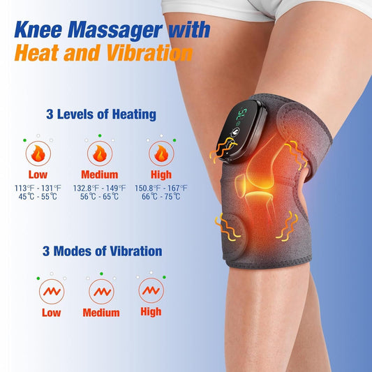 Electric Knee Massager – Heated Vibrating Knee Brace | 3-in-1 Cordless Pain Relief Wrap