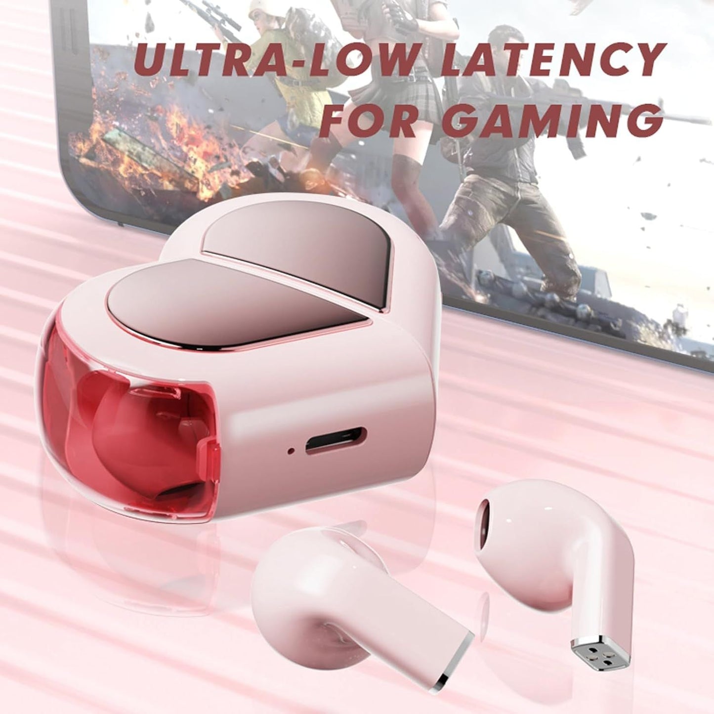 Pink Heart Design Wireless Earphones for Girls – Convertible Heart Shape Case with Bluetooth 5.3