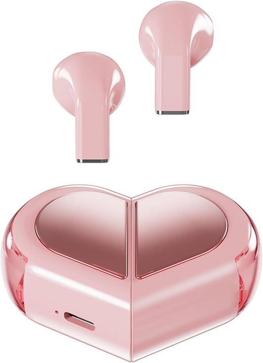 Pink Heart Design Wireless Earphones for Girls – Convertible Heart Shape Case with Bluetooth 5.3