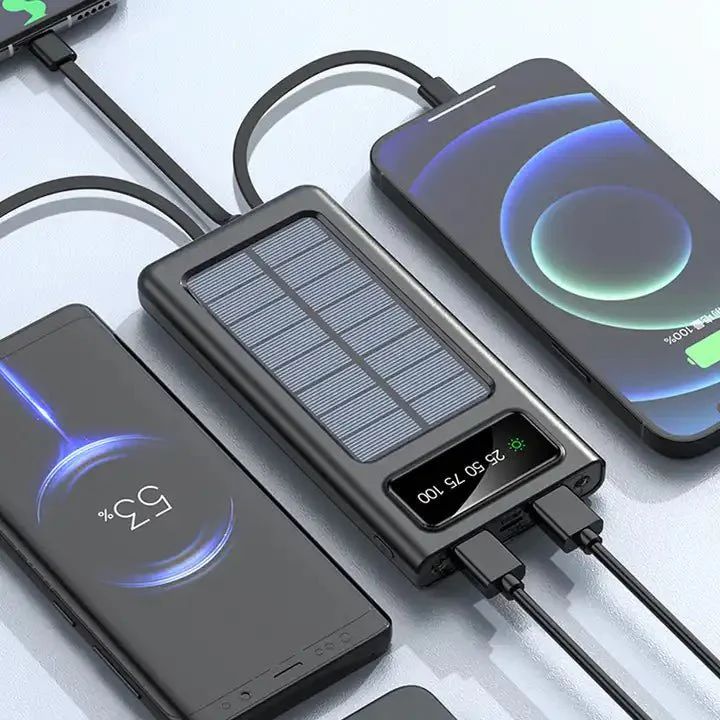 Solar Power Bank 20000mAh – Fast Charging with Built-in 4 Cables & Dual Flashlight