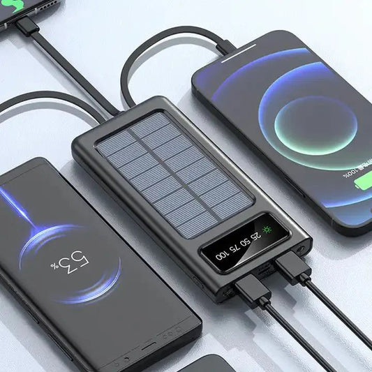 Solar Power Bank 20000mAh – Fast Charging with Built-in 4 Cables & Dual Flashlight