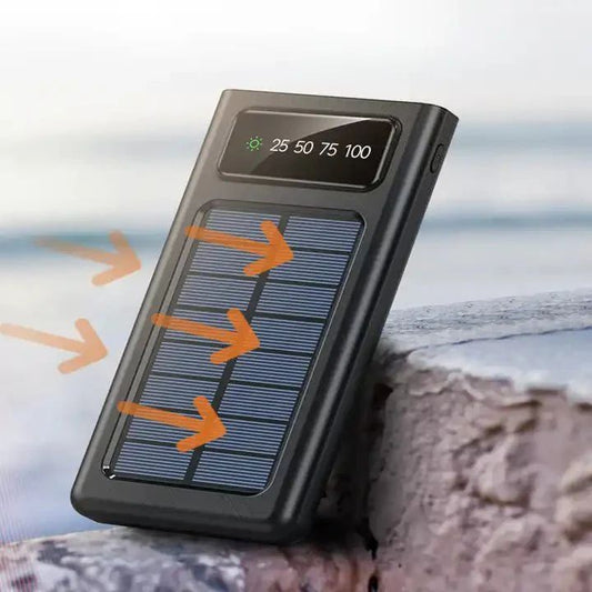 Solar Power Bank 20000mAh – Fast Charging with Built-in 4 Cables & Dual Flashlight