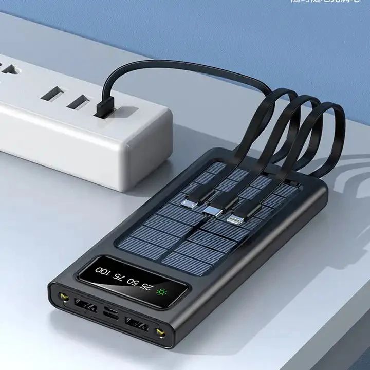 Solar Power Bank 20000mAh – Fast Charging with Built-in 4 Cables & Dual Flashlight