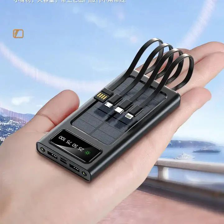 Solar Power Bank 20000mAh – Fast Charging with Built-in 4 Cables & Dual Flashlight