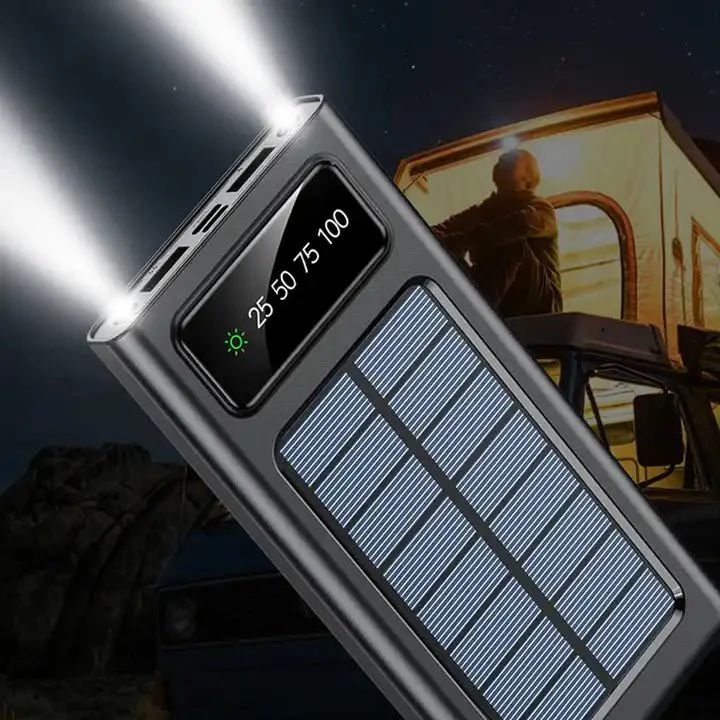 Solar Power Bank 20000mAh – Fast Charging with Built-in 4 Cables & Dual Flashlight